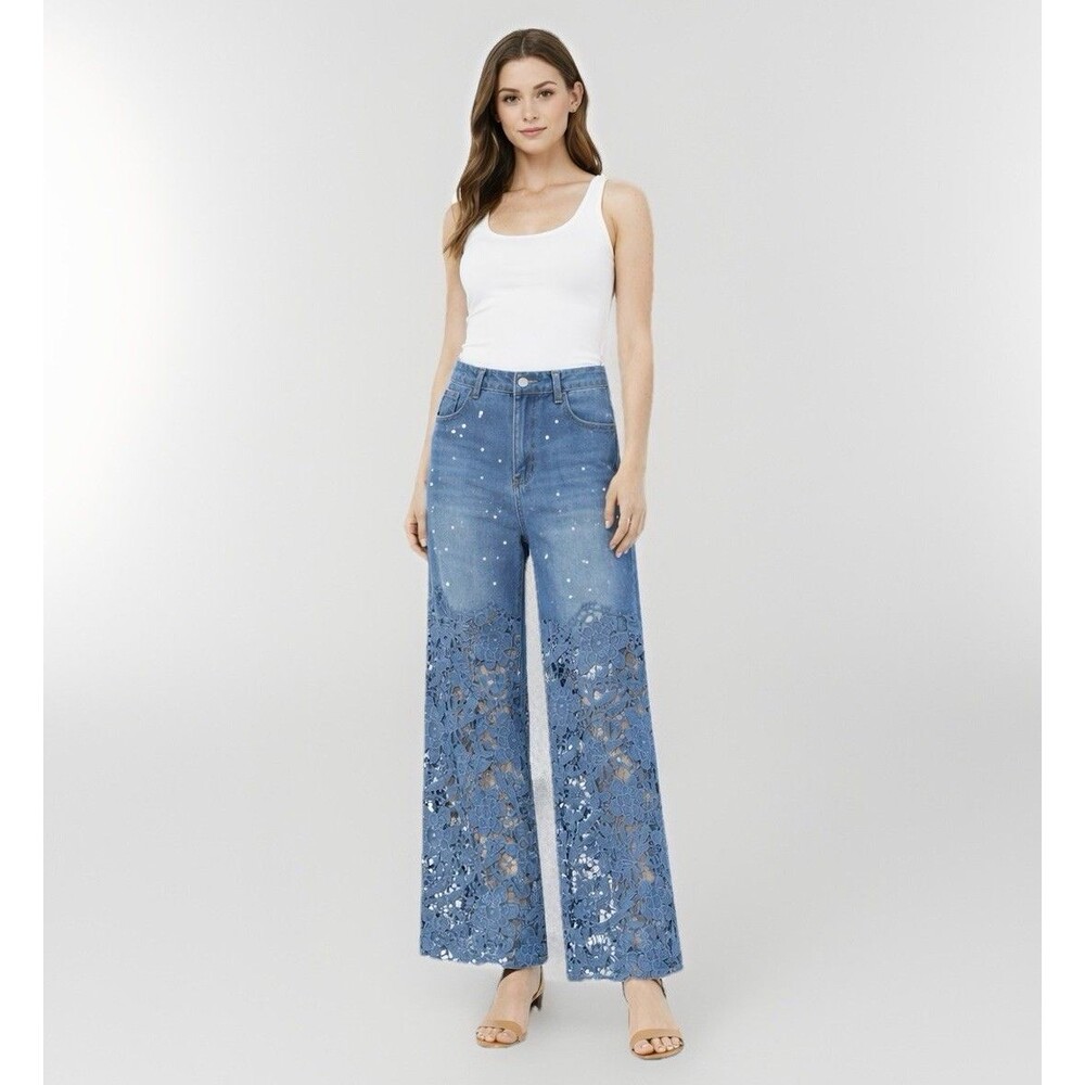 Lace Floral Jeans Women’s Size 10 Medium Y2K High Waist Wide Leg Denim Pants